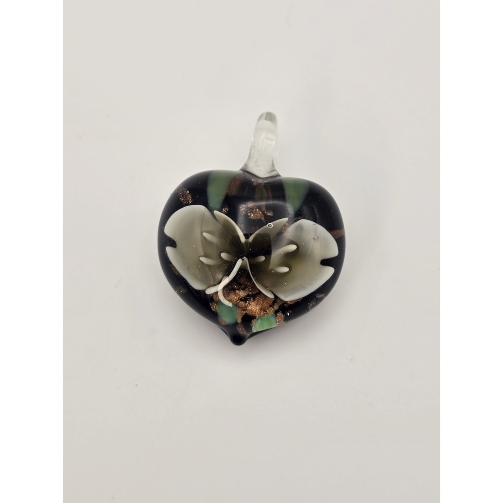 Vintage Venetian Murano Art Glass Heart Pendant 3D Gold Green White Black Flower
